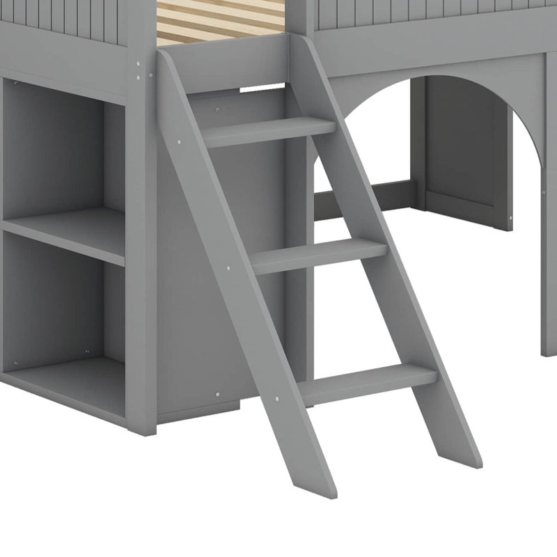 Low Loft Bed With Storage Shelves And Slide, Solid Wood Loft Bed Frame With Door And Window Design, Gray