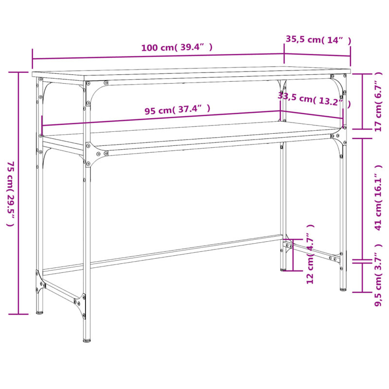 Console vidaXL Bois d'ingénierie, métal, H 29,5 po x l 39,4 po x P 14 po, Chêne fumé