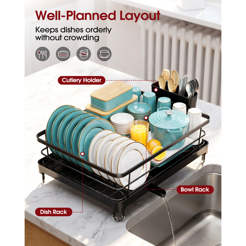 Stainless Steel Dish Drying Rack for Kitchen Counter, Sink Organization and Storage Essentials with Silverware & Utensil Holder, Home and Apartment Decor, 12.5''W x 16.5'L, Black
