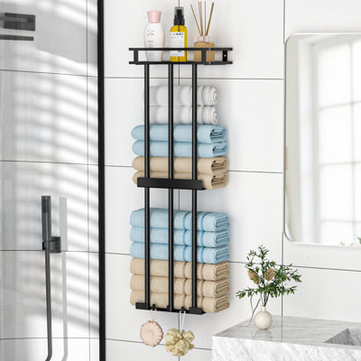 3-Tier Black Metal Bathroom Towel Holder, Wall Mounted Storage Rack with Top Mesh Shelf for Rolled Towels, Rust-Resistant Single