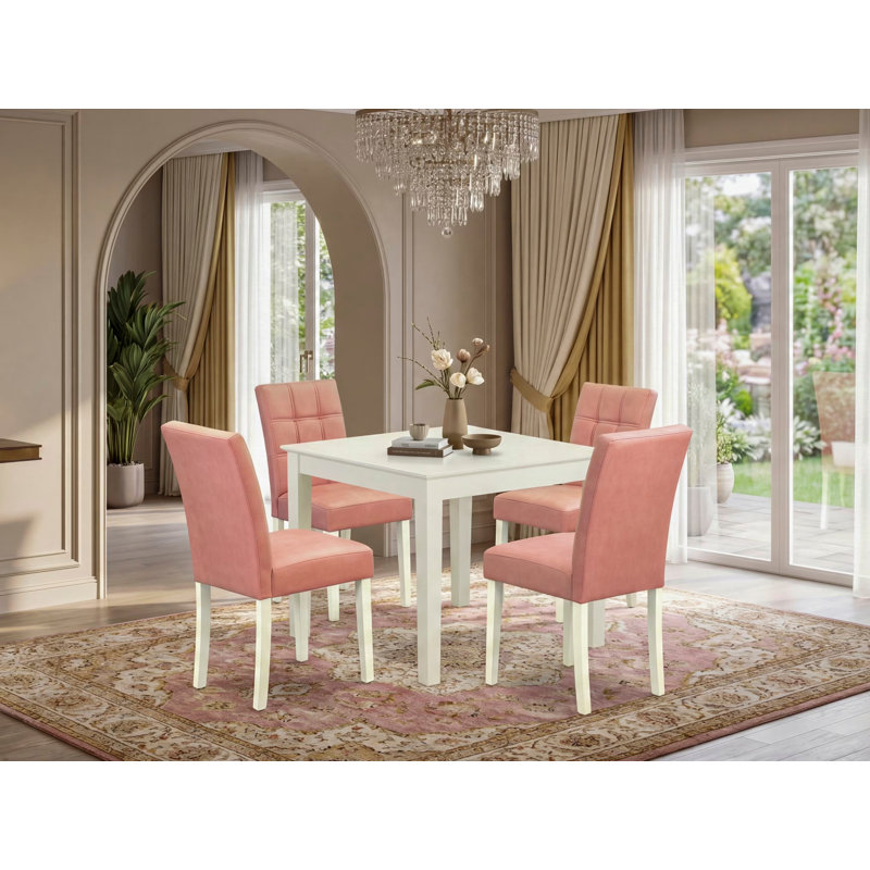 L'ensemble de table de salle à manger 5 pièces comprend une table de cuisine et 4 chaises rembourrées en tissu de polyester rouge beige avec dossier élégant - finition lin blanc
