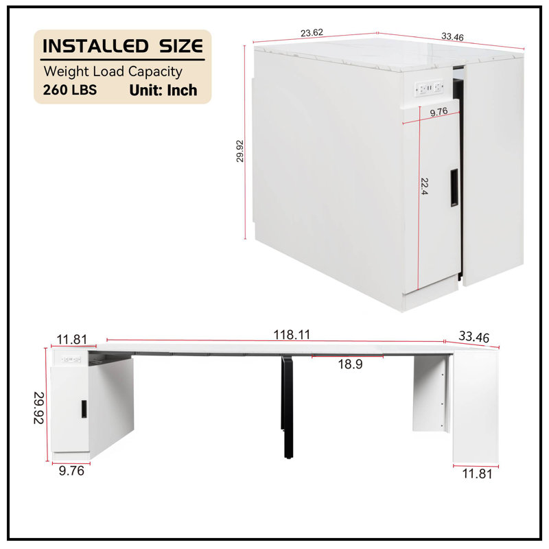 2 In1 Extendable Dining Table With Power Outlet, Entryway Sofa Table With Hidden Cabinet, Modern Office Expandaing Conference Table