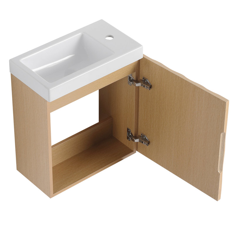 Meuble-lavabo mural 18,5 po, meuble-lavabo flottant avec lavabo en résine, meuble-lavabo simple avec porte simple à fermeture douce pour la salle de bain, bois naturel