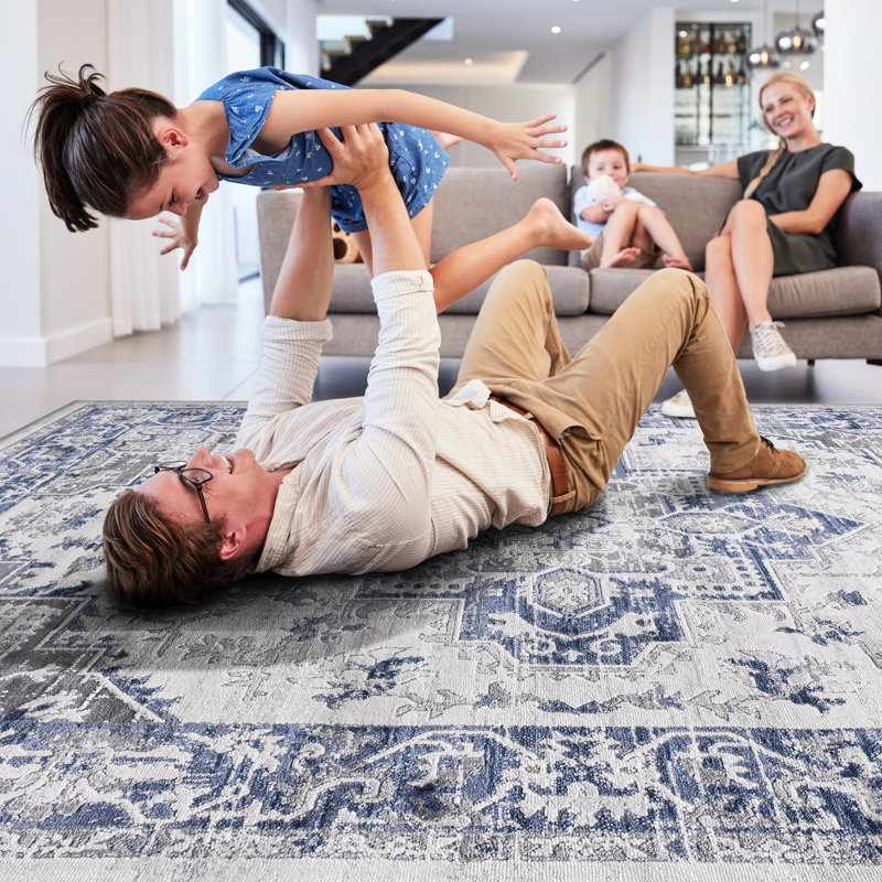 Tapis tissé et tissé 8 x 10, bleu / gris /, ne perd pas ses poils, teinture pour chambre à coucher, thème de salon, décoration intérieure