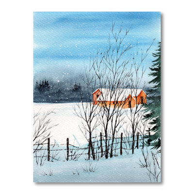 Un paysage d'hiver avec des maisons enneigées - reproduction sur toile