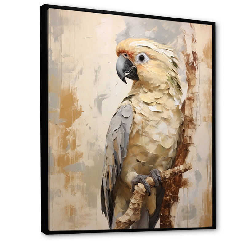 Perroquet beige à plumes élégantes I, Cadre flottant noir, H 44 po x l 34 po x P 1,5 po