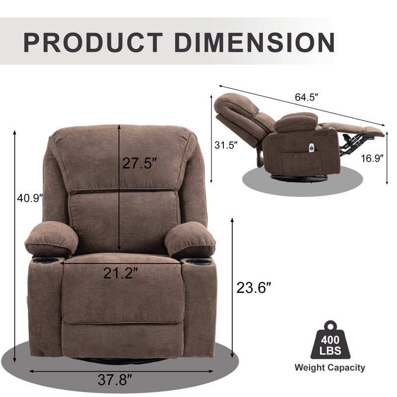 Fauteuil inclinable, pivotant et berçant moderne avec chauffage et massage (brun), Brun, Tissu