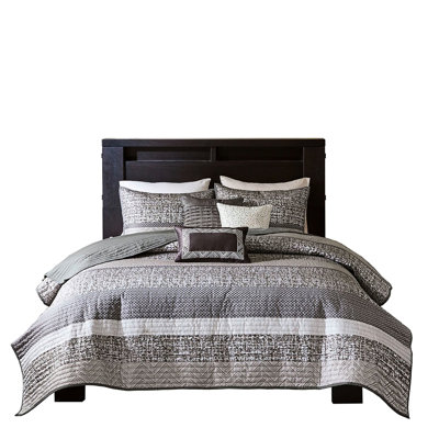 6 Piece Reversible Bedding - Grey/Taupe Full/Queen Filling Decorative Pillows With Embroidery And Pleats Machine Washable Quilt Filled Pleated Easy Maintenance