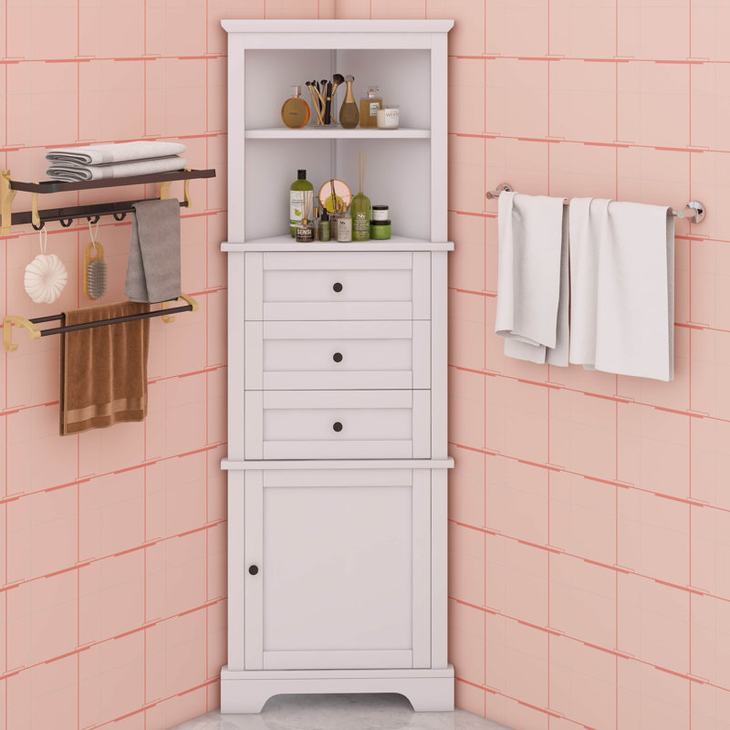 Armoire de coin triangulaire avec trois tiroirs et tablettes personnalisables, Blanc