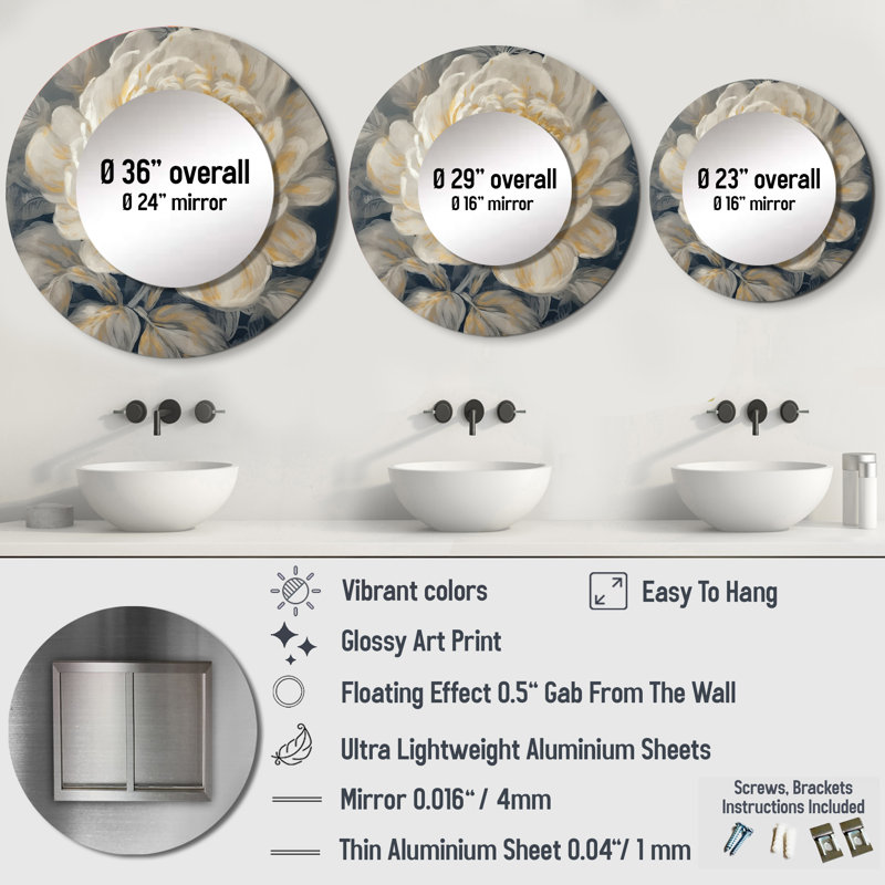 Omiros Emotions Of White Gold Peony Flower III - Peonies Mirror, Modern Round Unique Wall Mirror, Printed Metal Art