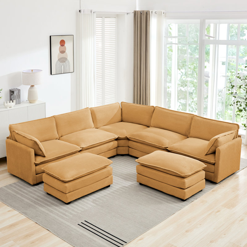 Ensemble modulaire en velours côtelé 7 pièces avec repose-pieds 7 pièces, Velours côtelé brun
