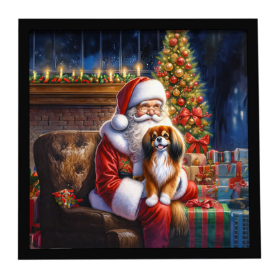 «Tibetan Spaniel and Santa Claus», reproduction d'art encadrée