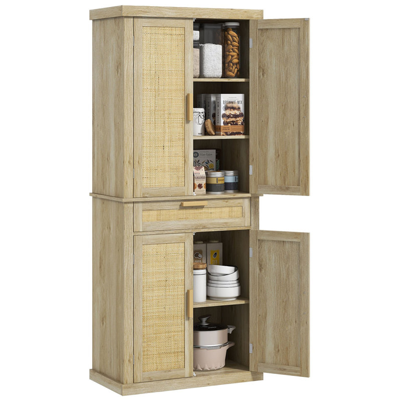 Armoire de cuisine avec 4 portes en rotin, tablettes réglables