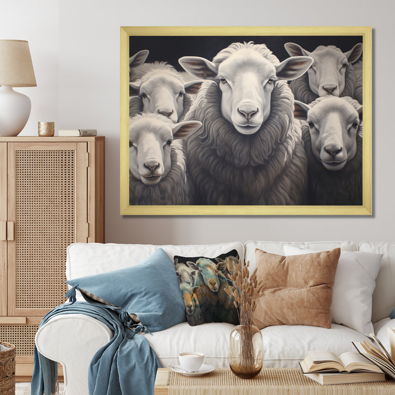 Famille de moutons monochrome II - impression, H 24 po x l 32 po x P 1 po, Cadre doré à une seule photo