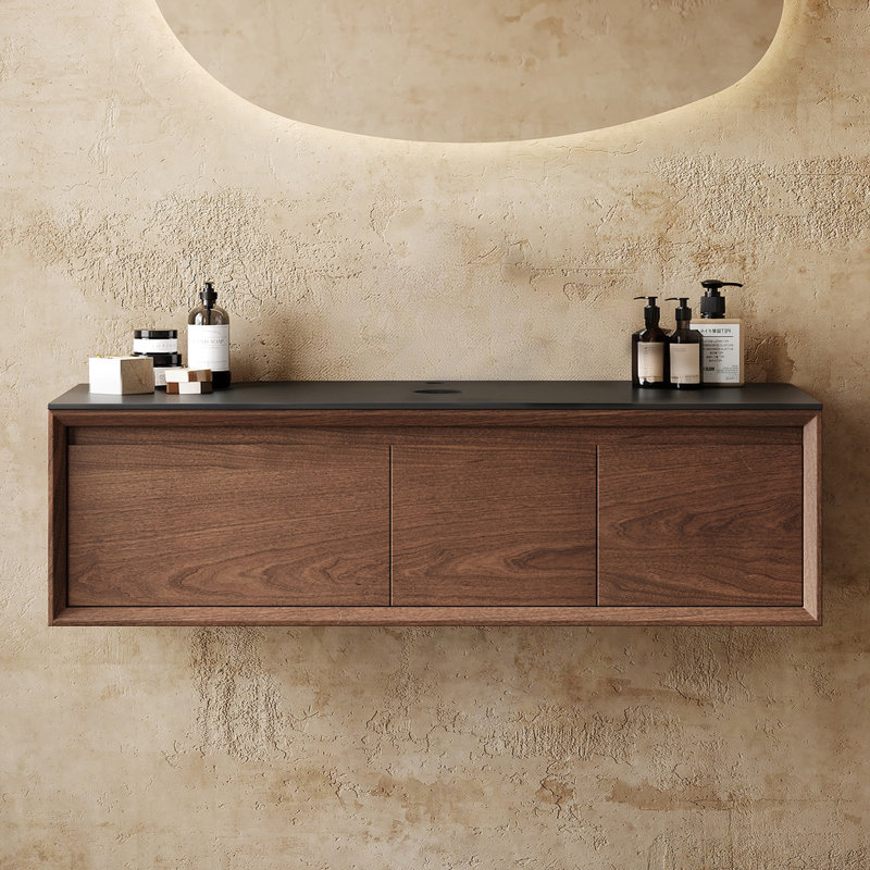 Meuble-lavabo mural 47,6 po (sans lavabo), grain de bois de noyer massif avec plateau en pierre noir mat