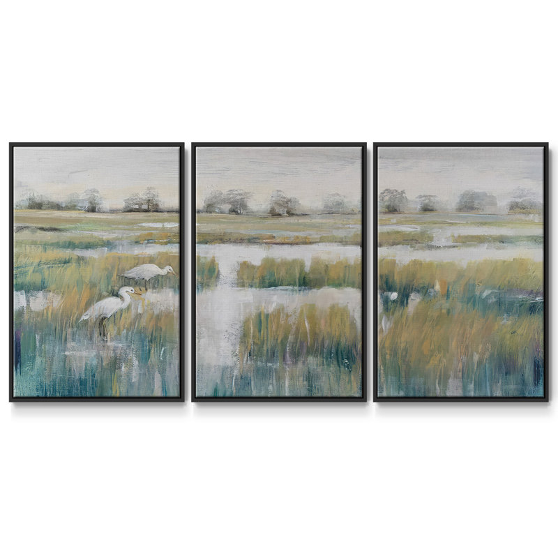 Marshland View V, ensemble de 3 toiles encadrées, H 40 po x l 78 po x P 2 po, Cadre noir