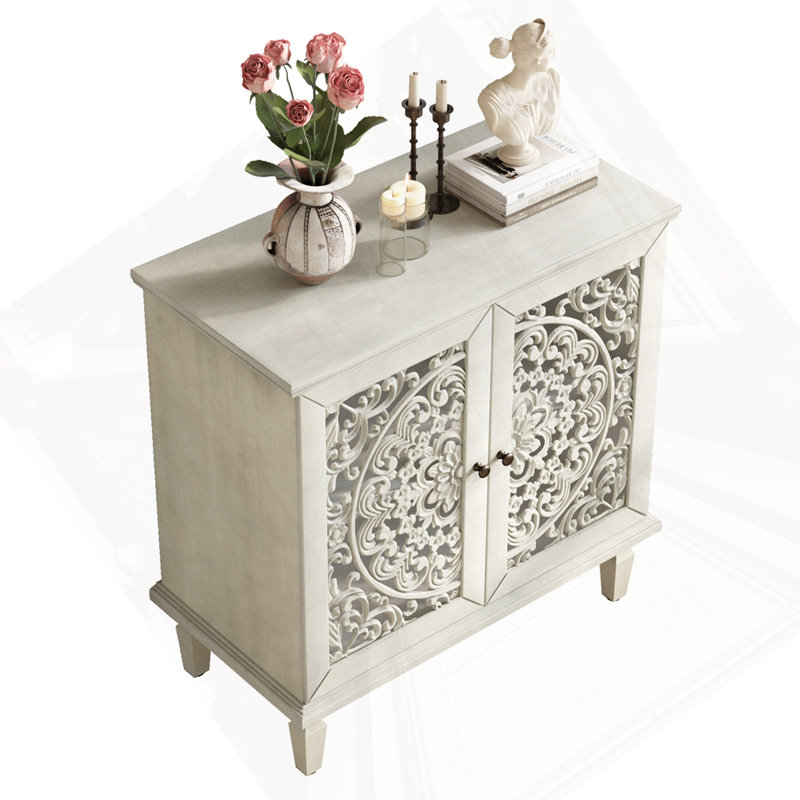 Vintage Hollow-Carved 2-Door Display Storage Sideboard, Antique White