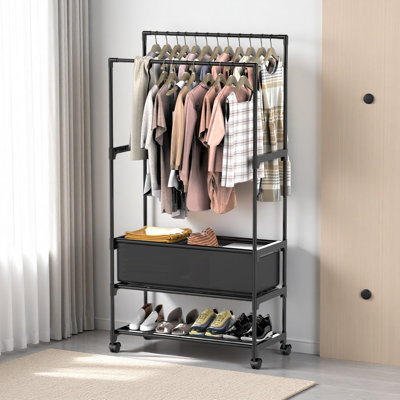 Porte-vêtements à double tringle avec sac de rangement Porte-vêtements portable avec tablettes Roues verrouillables