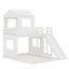 Lit superposé en bois, lit mezzanine avec maisonnette, maison de campagne, échelle, glissade et garde-corps-782617197