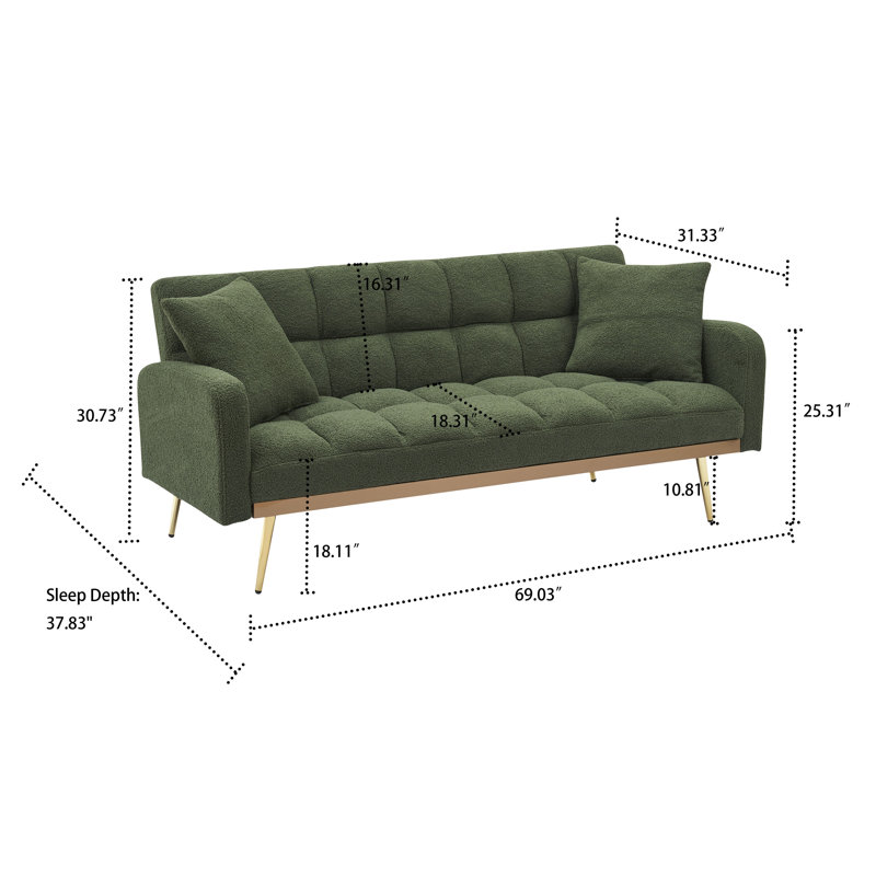 Classic Teddy Fabric Upholstered Convertible Futon Sofa Bed with 2 Throw Pillows, Green Teddy