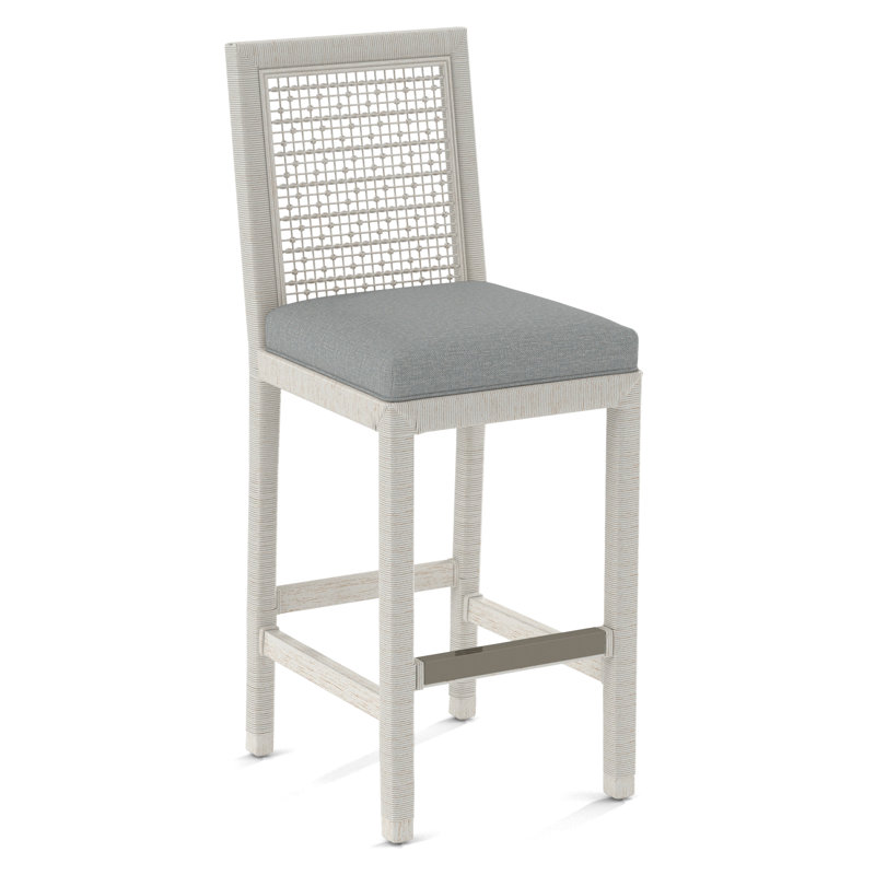Pine Isle Bar Stool, Sunbrella Beige Pinstripe; 6205-74, Antique Frost White