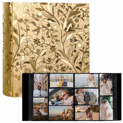 Album photo, 600 pochettes, format 10 x 15 cm, couverture en cuir, grande capacité, pochettes horizontales et verticales, grand album de voyage familial, couverture à motif de feuilles en relief, rangement peu encombrant, (doré)