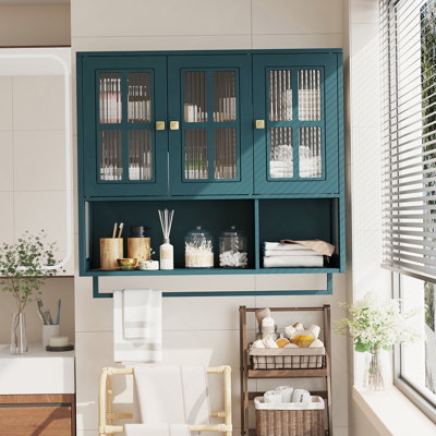 Armoire murale de salle de bain, armoire murale en bois à 3 portes avec espace de rangement ouvert et caché, armoire à pharmacie avec porte en verre et barre à serviettes pour le salon du vestibule, salle à manger de salle de bain, vert foncé