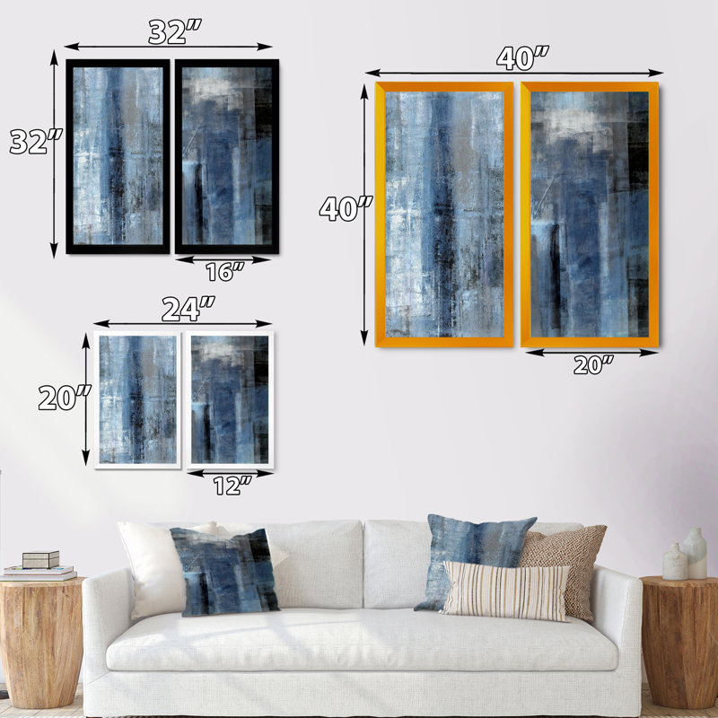 Art mural abstrait bleu gris, ensemble de 2 toiles - Le bleu rencontre l'art abstrait gris, H 32 po x l 32 po, Doré