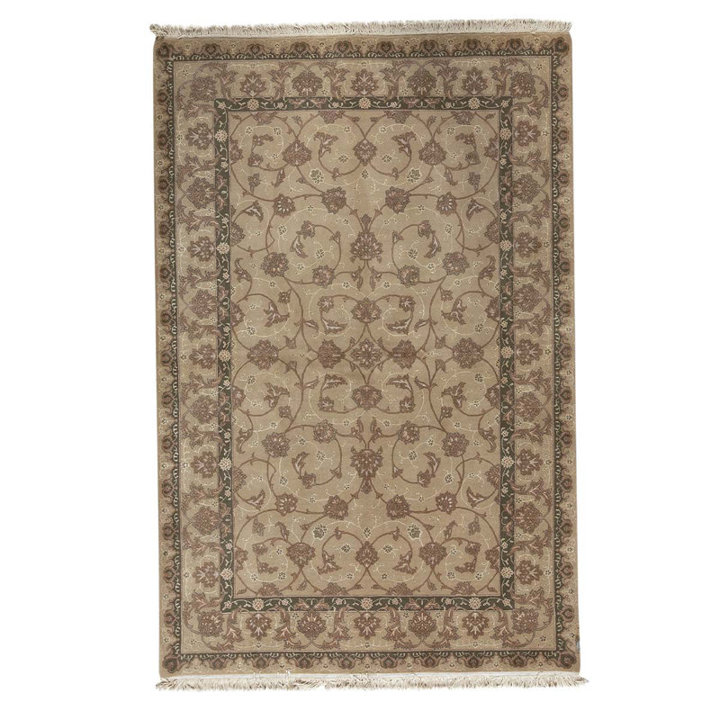 Tapis brun / beige en laine noué à la main de conception unique 6 pi x 9 pi