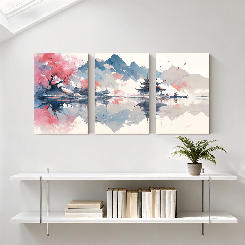 Paysage et nature montagne, cerisier en fleurs, pagode, reflet, eau, paysage, ensemble de 3 impressions sur toile