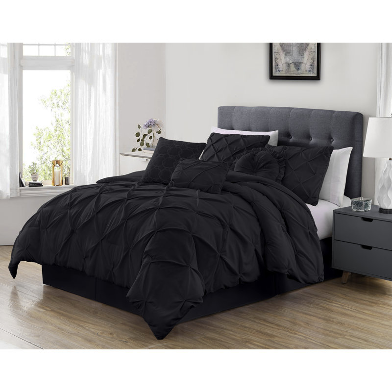 Ensemble d'édredon en microfibre 7 pièces Sydney Pintuck, Noir, Très grand édredon extra large + 6 pièces suppl