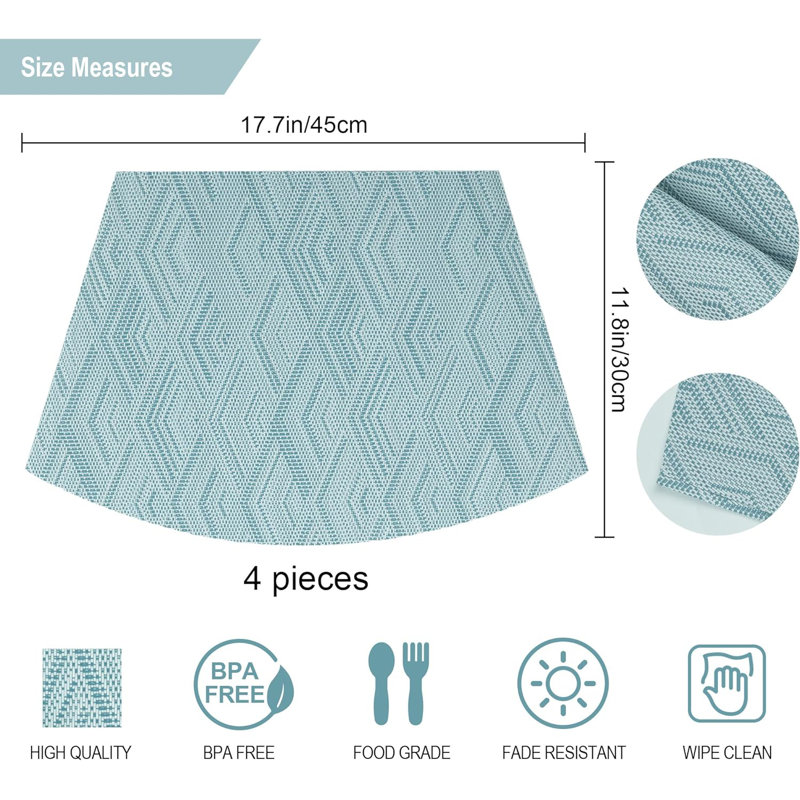 Rhombus Pattern Wedge Shaped Placemats Set Of 4, Waterproof Wipeable PVC Place Mats For Round Table, Vinyl Woven Table Mats, Blue
