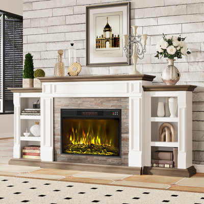 Meuble télé 80 po avec flammes colorées pour foyer électrique 30 po, manteau de cheminée en fausse pierre, console de rangement réglable, centre de divertissement pour téléviseur de 90 po ou moins - blanc et brun