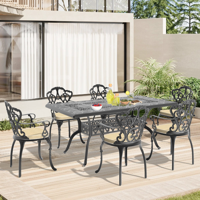 Ensemble de salle à manger rectangulaire en aluminium coulé avec trou pour parasol et coussin blanc cassé L 68,9 po x l 35,43 po Almada