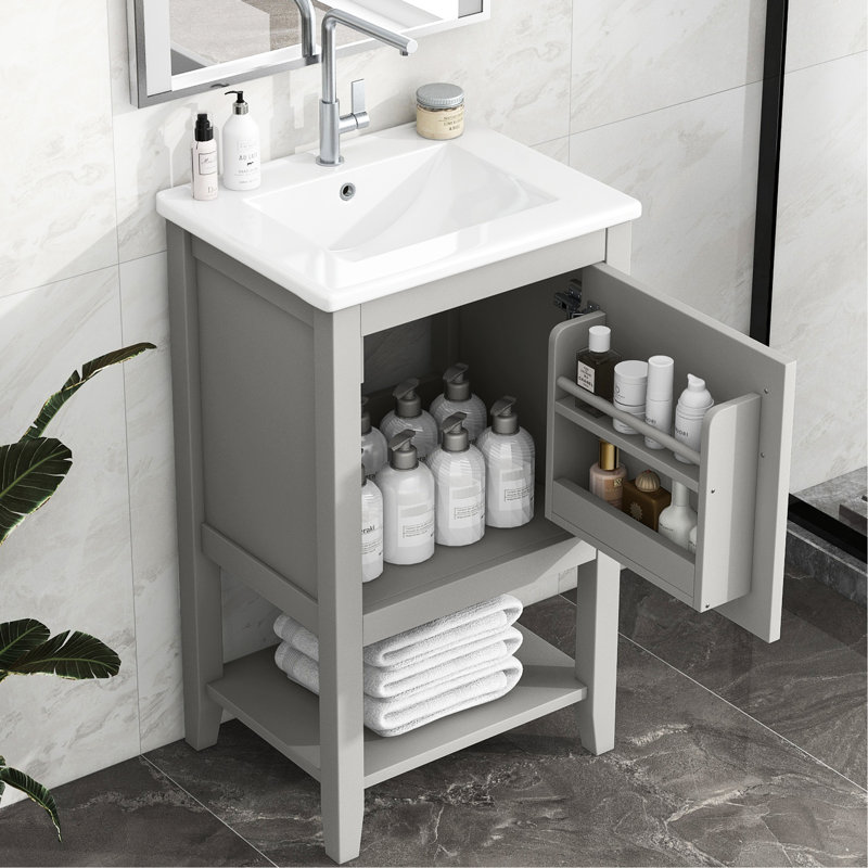 Meuble-lavabo de 20 po avec lavabo en céramique blanche, porte à fermeture douce, charnières en acier inoxydable et design fonctionnel contemporain