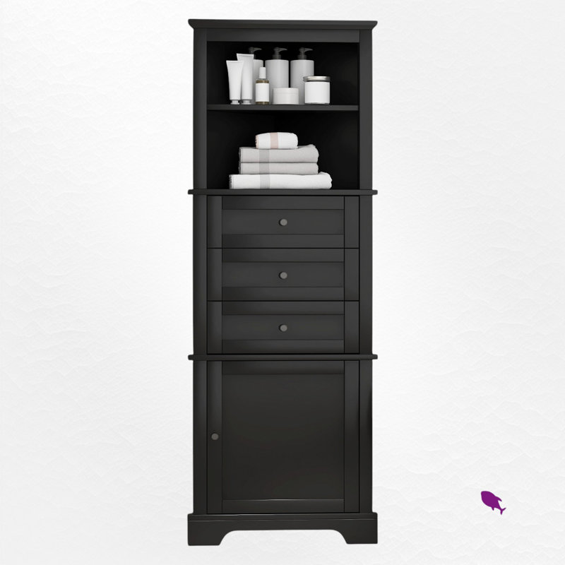 Armoire de salle de bain autoportante Anegada, armoire de rangement haute avec 3 tiroirs et tablettes réglables, Noir