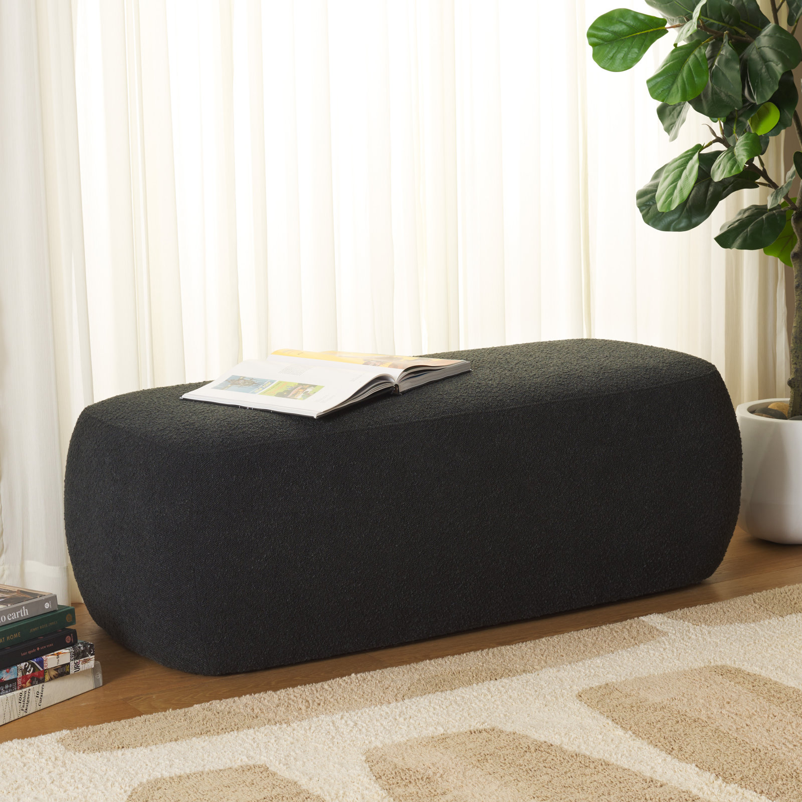 50" Velvet Upholstered Ottoman, Black Boucle