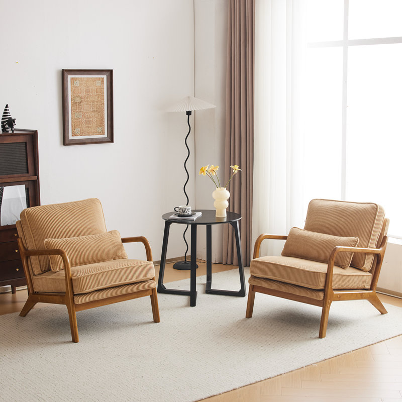 Lemley Mid Century Solid Wood Accent Chair Upholstered Armchair With An Extra Pillow （Set Of 2), Brown Corduroy
