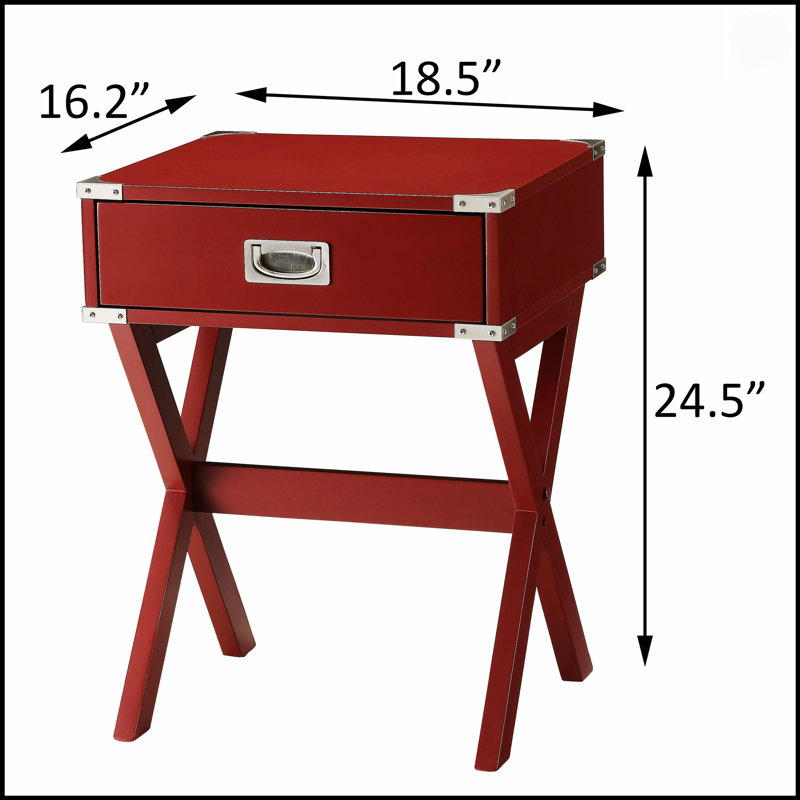 Table de bout rustique en bois à 1 tiroir avec coins en métal et base en forme de X, pour le rangement et le style, Rouge