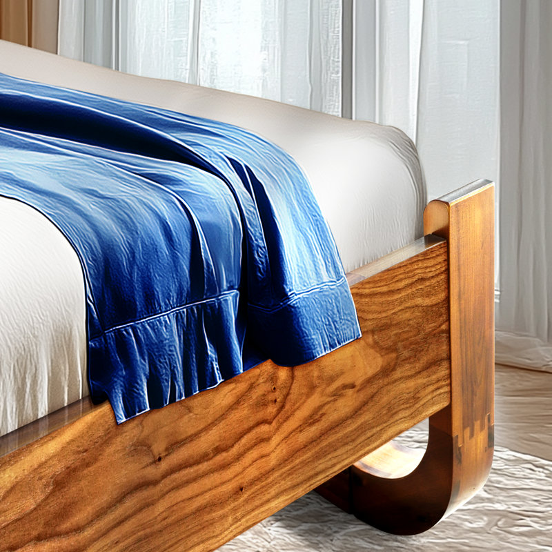  Très grand lit plateforme en bois d'acacia Sunset, tête de lit haute, conception Art déco de style Mid-Century, pas de sommier tapissier, support de lattes robuste, résistant aux rayures et à l'eau, finition caramel