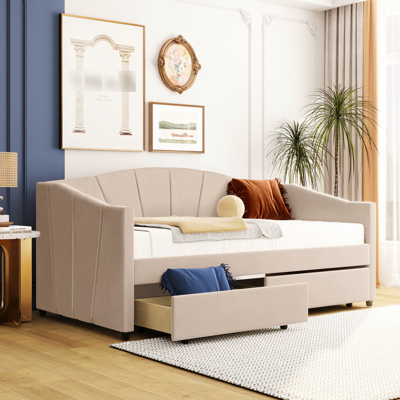 Lit de jour rembourré avec deux tiroirs en beige - Créez une atmosphère douillette pour votre maison et la stabilité de la base en lattes de bois