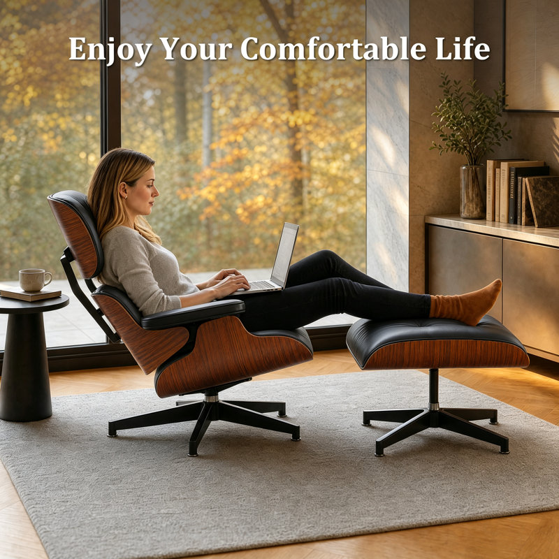 Leather Lounge Chair with Ottoman, Mid Century Modern Accent Chair, Upholstered Chaise Lounge Chair, Solid Wood Frame, Heavy-Duty Aluminum Alloy Base for Home Office and Living Room