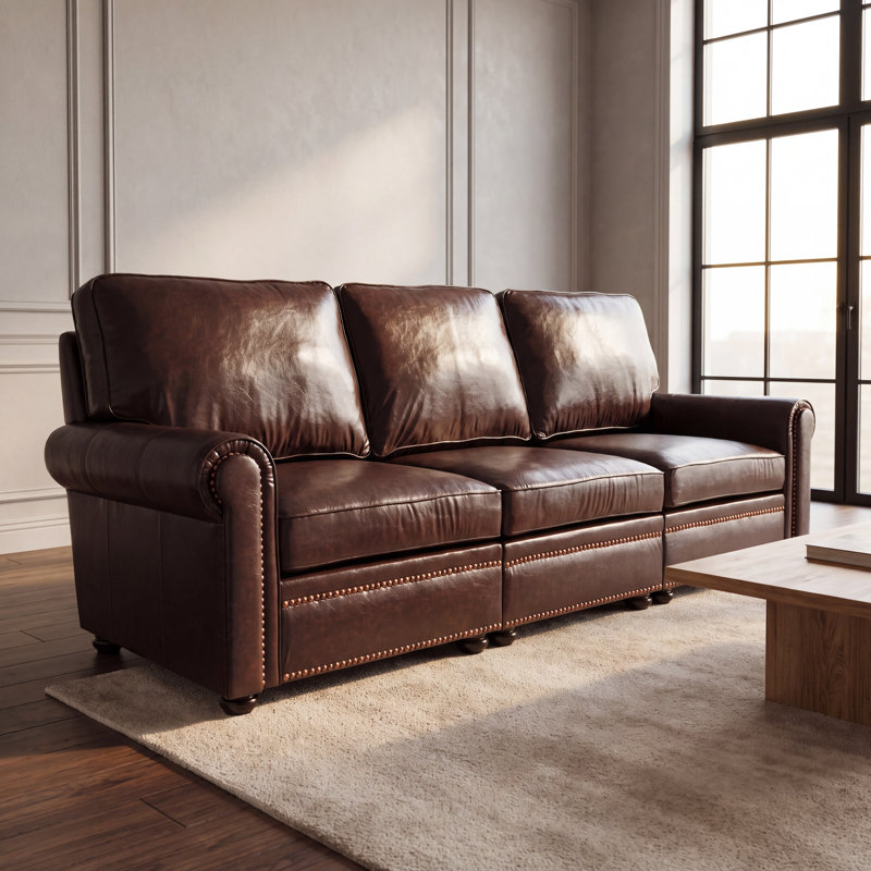 Canapé 3 places de style Chesterfield classique en similicuir PVC, canapé vintage à accoudoirs arrondis avec garniture cloutée et pieds en bois, canapé d'appoint classique pour salon (brun)