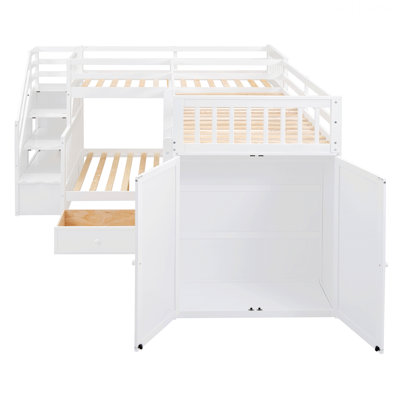 L-Shaped Bunk Bed with 3 Drawers, and One Wardrobe, Bed Frame for Space-Saving