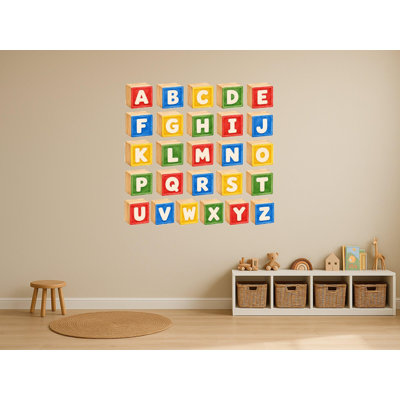 Alphabet Wooden Block Wall Decals, Set of 26 Educational Peel and Stick Wall Stickers, Classroom Playroom Decor, Kids Learning Wall Art, 20"W x 20"H (50 x 50 cm)