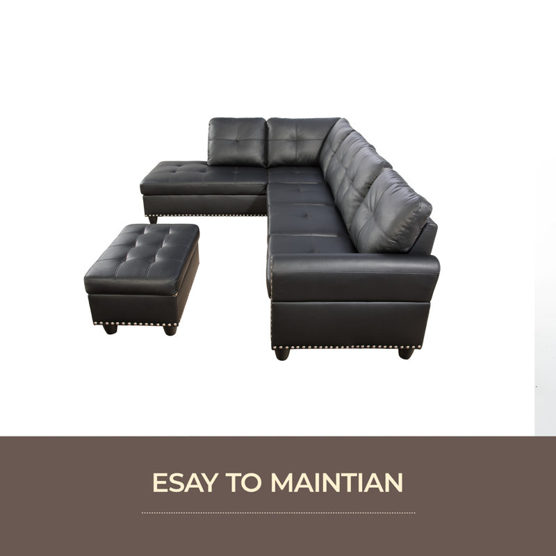 Canapé modulaire en similicuir avec repose-pieds, Similicuir noir