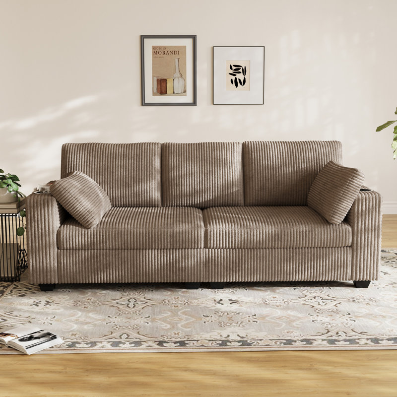 Canapé en velours côtelé l 80 po avec porte-gobelets, poches de rangement et ports USB - canapé brun, Marron clair