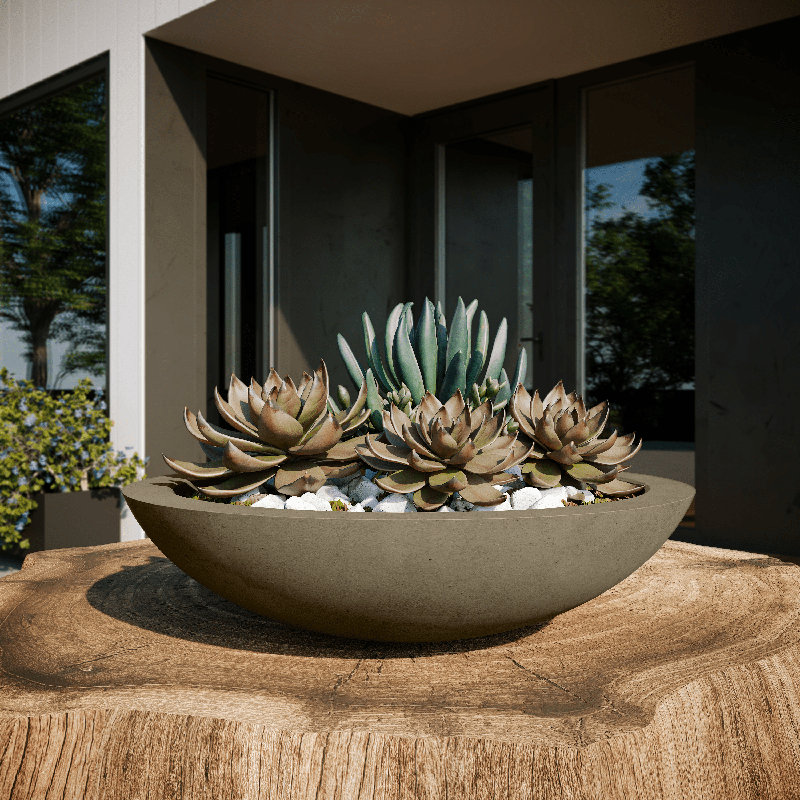 Oceanside Shallow Concrete Planter, SandStone, 7" H x 30" W x 30" D