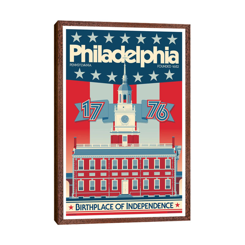 Philadelphia Independence Hall Travel 1 Piece Wall Art on Canvas, 101.6cm H x 66.04cm W x 3.81cm D, Classic Brown Wood Framed