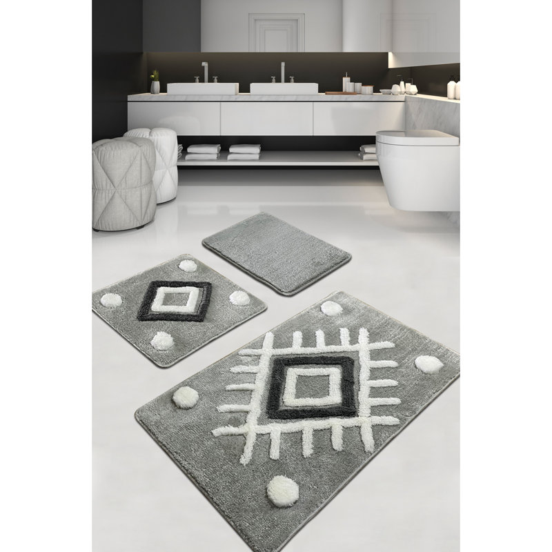Ensemble de tapis de bain en acrylique fait à la main (3 pièces), gris | 100% acrylique, antibactérien, lavable à la machine | Dimensions: 23,6 po x 39,4 po, 19,7 po x 23,6 po, 15,7 po x 23,6 po | Hauteur des poils doux: 0,7 à 1,2 po | Parfait pour les salles de bain élégantes